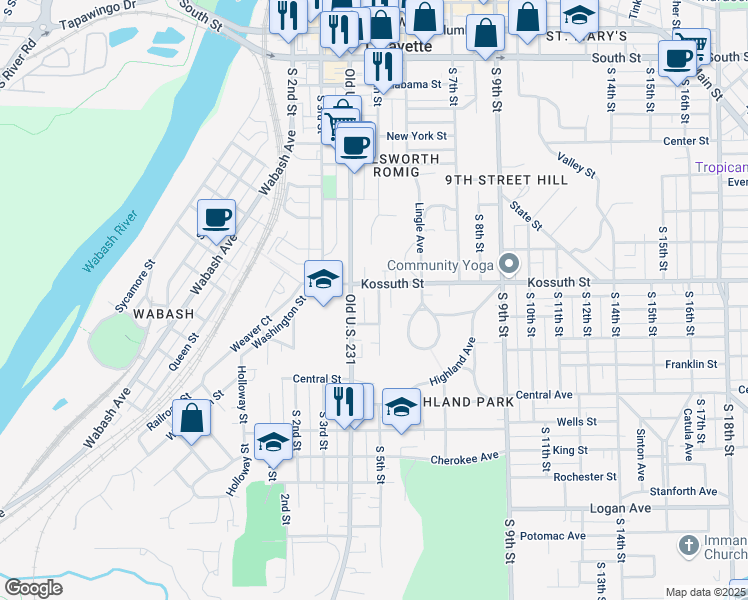 map of restaurants, bars, coffee shops, grocery stores, and more near 508 Kossuth Street in Lafayette