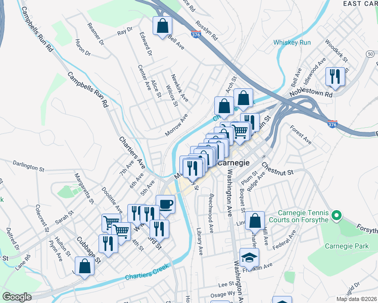 map of restaurants, bars, coffee shops, grocery stores, and more near 207 Mansfield Boulevard in Carnegie