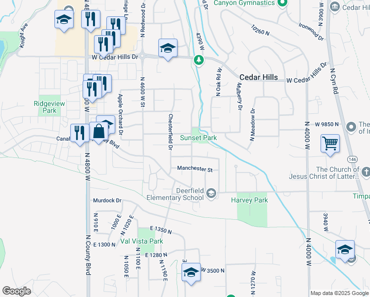 map of restaurants, bars, coffee shops, grocery stores, and more near 4444 West Windsor Circle in Cedar Hills
