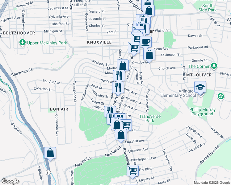 map of restaurants, bars, coffee shops, grocery stores, and more near in Pittsburgh