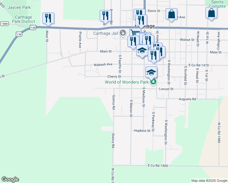 map of restaurants, bars, coffee shops, grocery stores, and more near 401 Quincy Road in Carthage