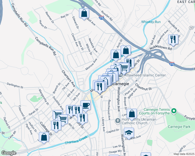 map of restaurants, bars, coffee shops, grocery stores, and more near 207 Mansfield Boulevard in Carnegie