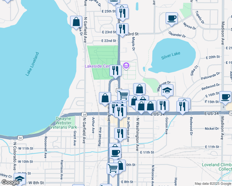 map of restaurants, bars, coffee shops, grocery stores, and more near 1619 North Lincoln Avenue in Loveland