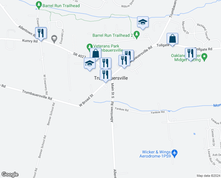 map of restaurants, bars, coffee shops, grocery stores, and more near 22 Main Street North in Trumbauersville