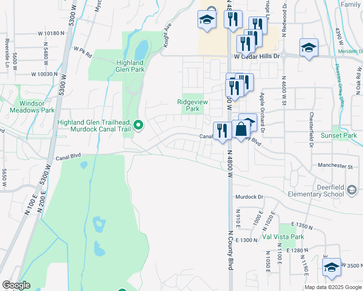 map of restaurants, bars, coffee shops, grocery stores, and more near 9757 Caldwell Place in Highland