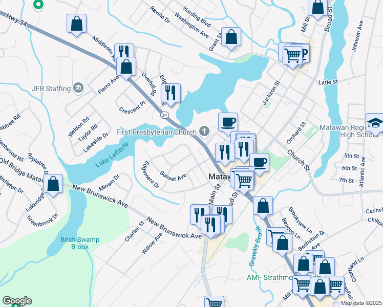map of restaurants, bars, coffee shops, grocery stores, and more near 882 New Jersey 34 in Matawan