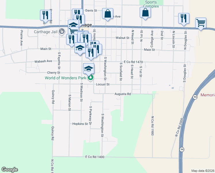 map of restaurants, bars, coffee shops, grocery stores, and more near 231 South Washington Street in Carthage