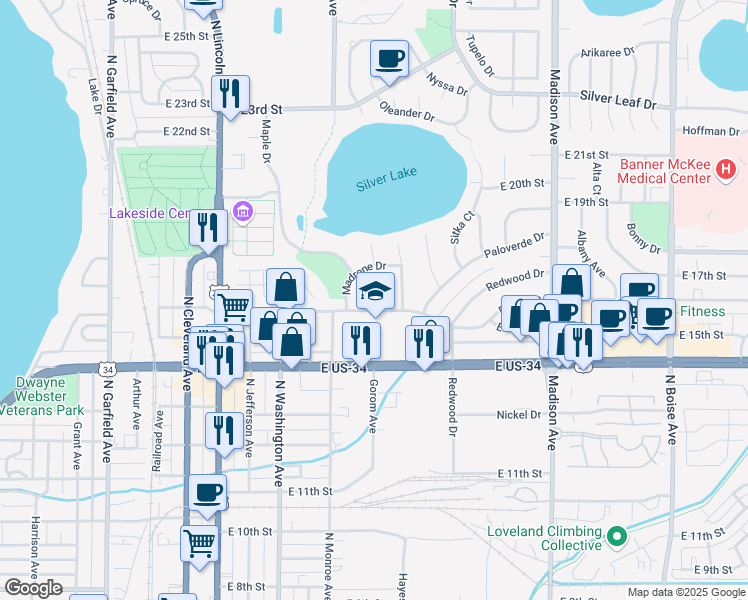 map of restaurants, bars, coffee shops, grocery stores, and more near 815 East 16th Street in Loveland