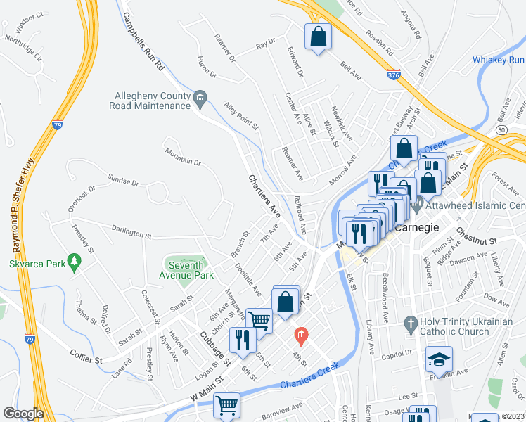 map of restaurants, bars, coffee shops, grocery stores, and more near 293 Lexington Court in Carnegie
