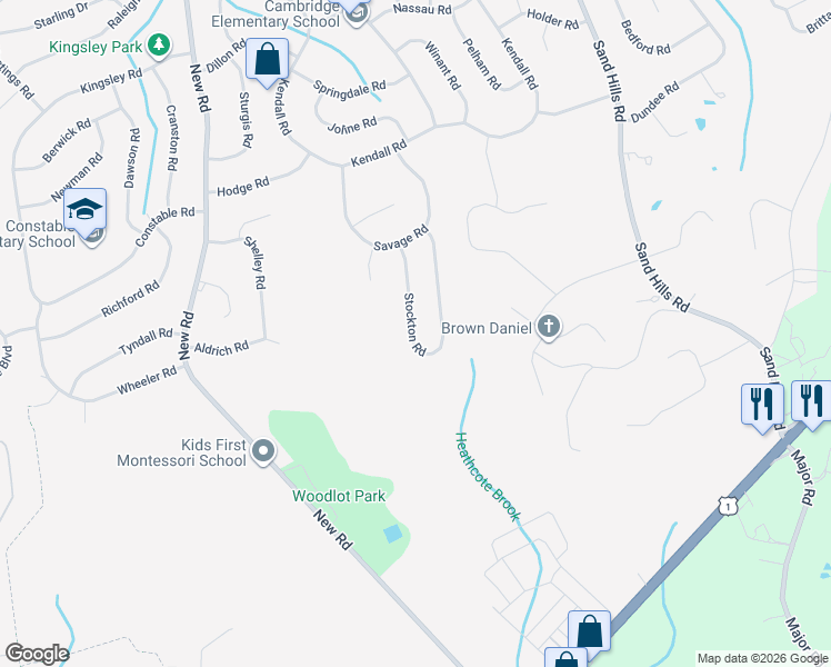 map of restaurants, bars, coffee shops, grocery stores, and more near 17 Stockton Road in South Brunswick Township