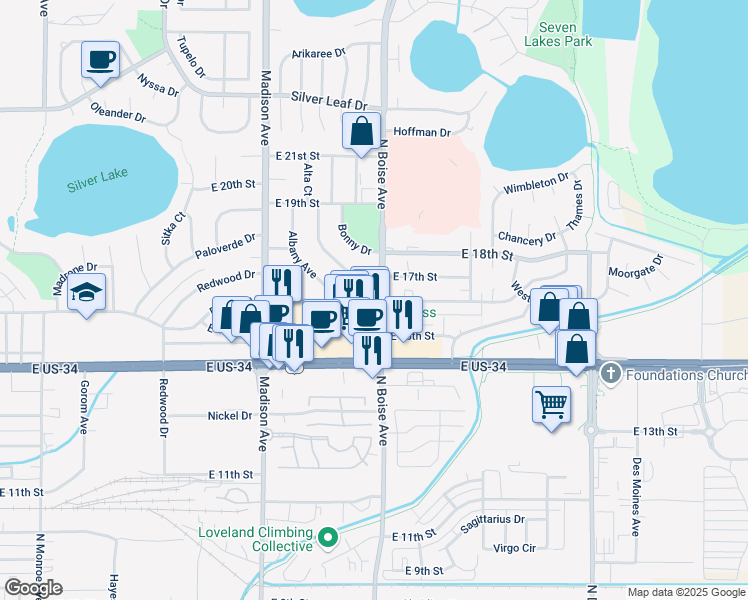 map of restaurants, bars, coffee shops, grocery stores, and more near 1600 Axial Drive in Loveland
