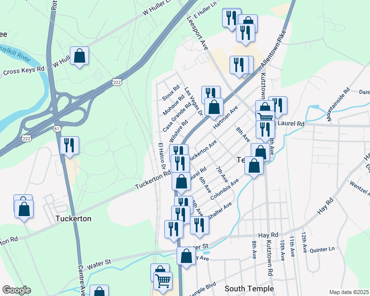 map of restaurants, bars, coffee shops, grocery stores, and more near 5201 Allentown Pike in Temple