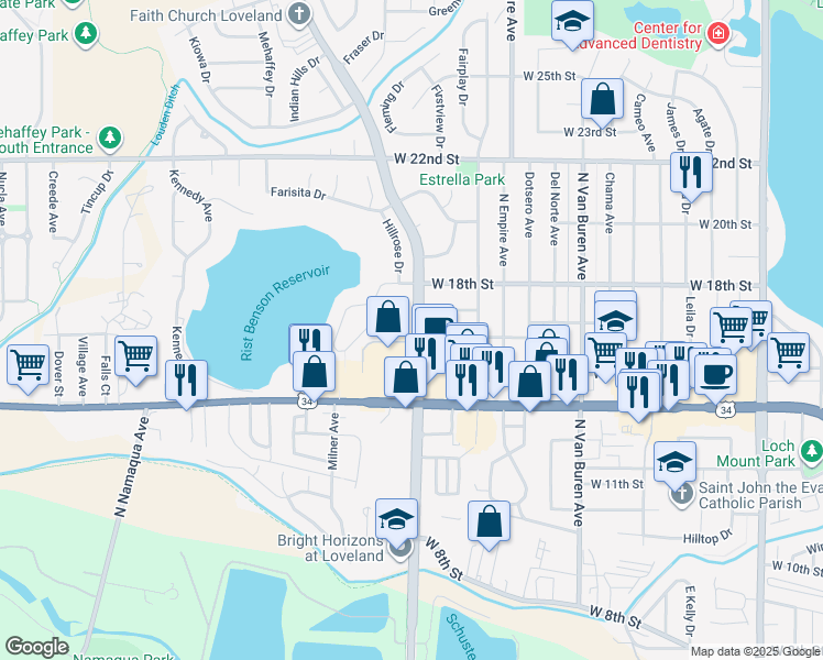 map of restaurants, bars, coffee shops, grocery stores, and more near 1703 Wilson Avenue in Loveland
