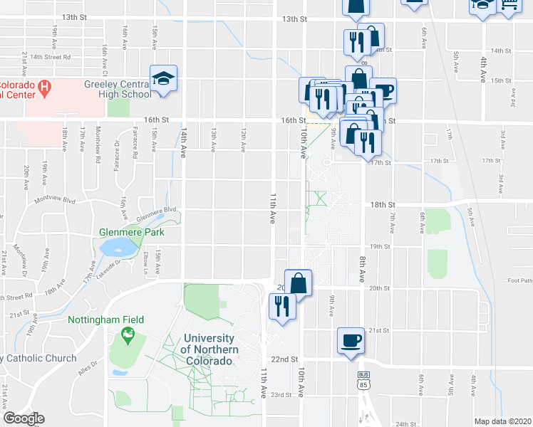 map of restaurants, bars, coffee shops, grocery stores, and more near 1115 Cranford Place in Greeley