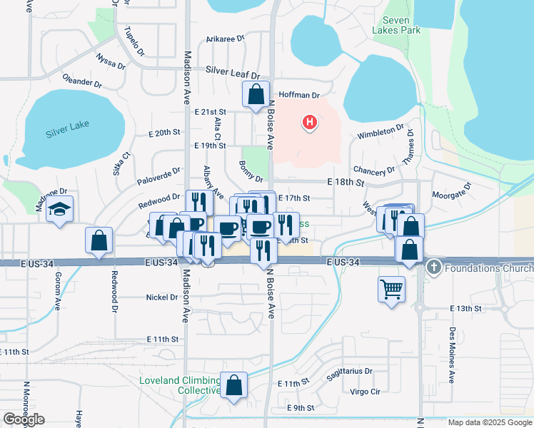 map of restaurants, bars, coffee shops, grocery stores, and more near 1600 Axial Drive in Loveland