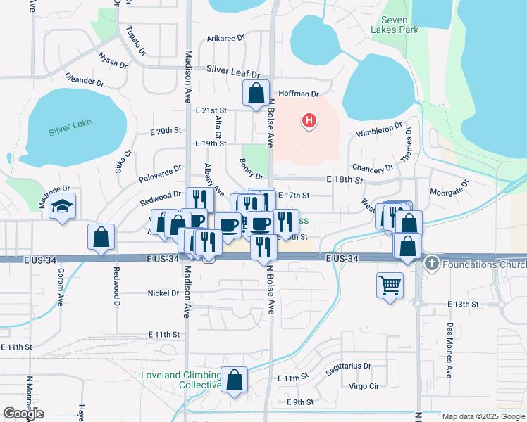 map of restaurants, bars, coffee shops, grocery stores, and more near 1600 Axial Drive in Loveland