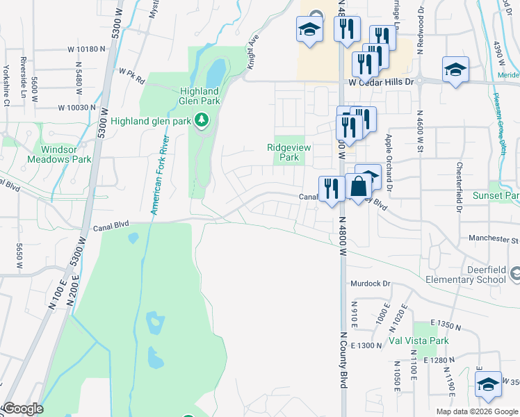map of restaurants, bars, coffee shops, grocery stores, and more near Murdock Canal Trail in Highland