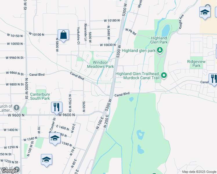 map of restaurants, bars, coffee shops, grocery stores, and more near 5442 West Pebble Lane in Highland