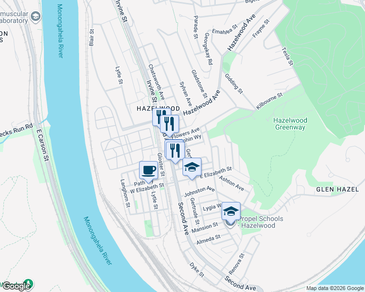 map of restaurants, bars, coffee shops, grocery stores, and more near 4906 Gertrude Street in Pittsburgh