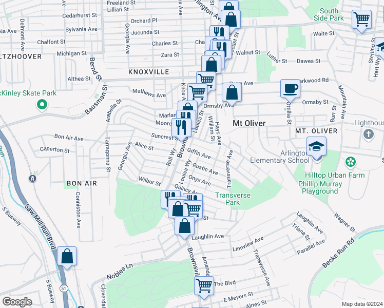 map of restaurants, bars, coffee shops, grocery stores, and more near in Pittsburgh