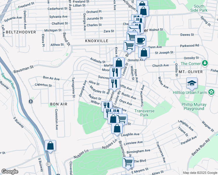 map of restaurants, bars, coffee shops, grocery stores, and more near 225 Alice Street in Pittsburgh