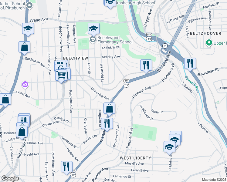 map of restaurants, bars, coffee shops, grocery stores, and more near 1615 Princess Avenue in Pittsburgh