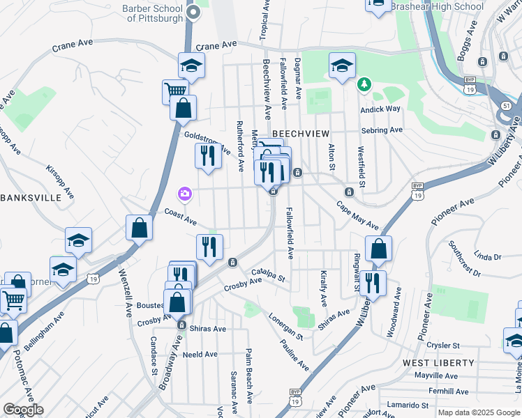 map of restaurants, bars, coffee shops, grocery stores, and more near in Pittsburgh