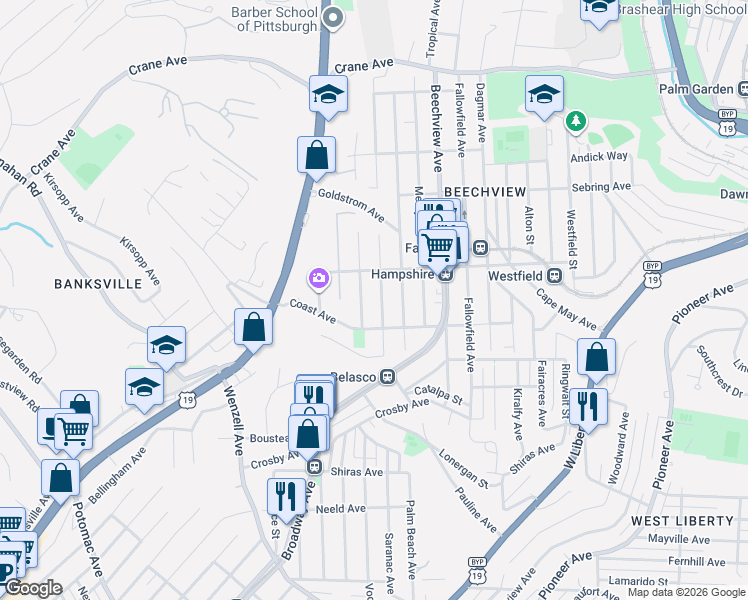 map of restaurants, bars, coffee shops, grocery stores, and more near 1609 Alverado Avenue in Pittsburgh