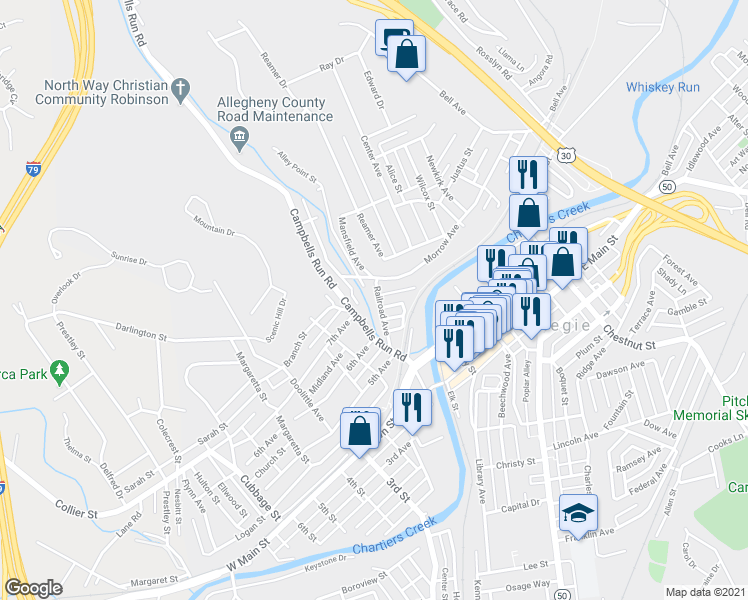 map of restaurants, bars, coffee shops, grocery stores, and more near 225 Railroad Avenue in Carnegie