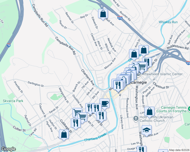 map of restaurants, bars, coffee shops, grocery stores, and more near 207 Railroad Avenue in Carnegie