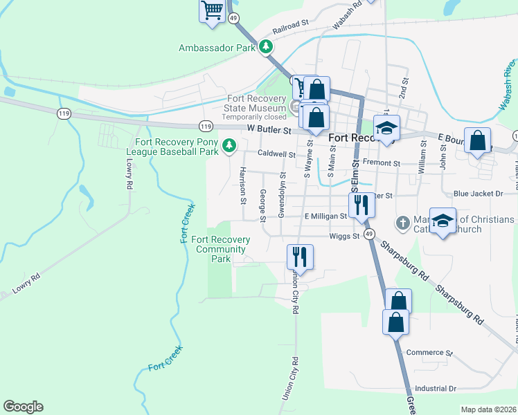 map of restaurants, bars, coffee shops, grocery stores, and more near 306 George Street in Fort Recovery