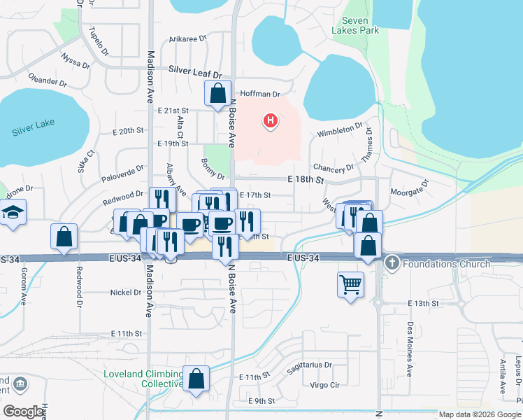 map of restaurants, bars, coffee shops, grocery stores, and more near 1717 East 16th Street in Loveland