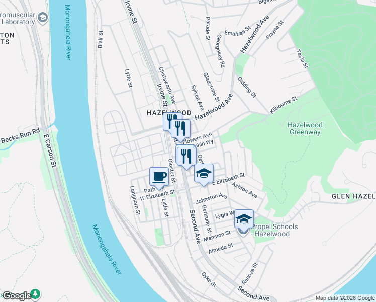 map of restaurants, bars, coffee shops, grocery stores, and more near 4906 Gertrude Street in Pittsburgh