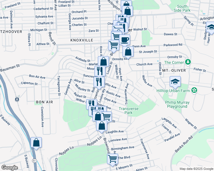 map of restaurants, bars, coffee shops, grocery stores, and more near 127 Margaret Street in Pittsburgh