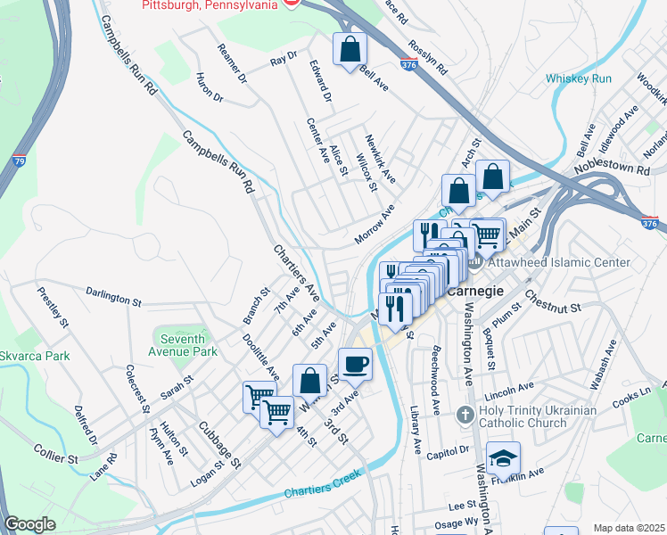 map of restaurants, bars, coffee shops, grocery stores, and more near 200 Railroad Avenue in Carnegie