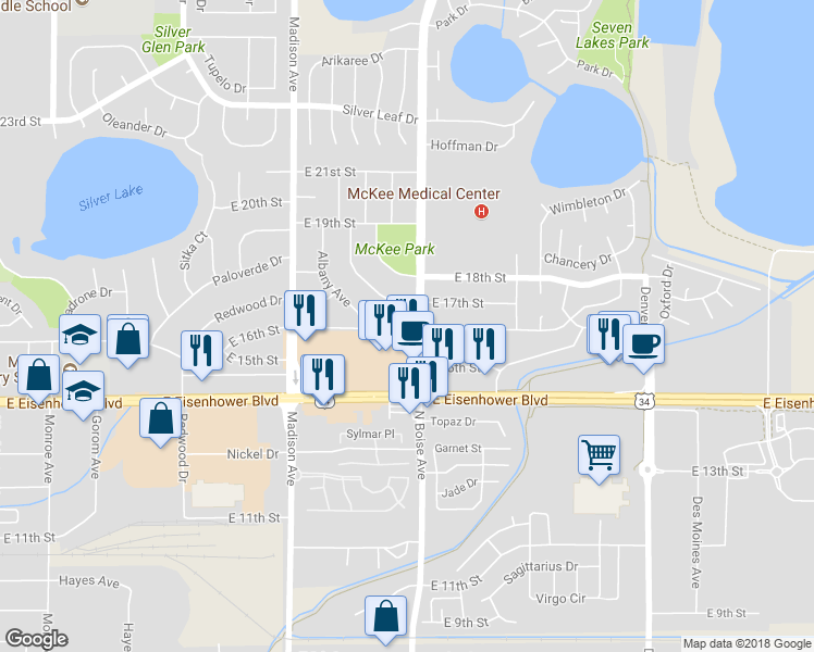 map of restaurants, bars, coffee shops, grocery stores, and more near 1507 East 16th Street in Loveland