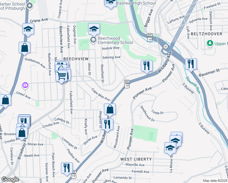 map of restaurants, bars, coffee shops, grocery stores, and more near 1615 Princess Avenue in Pittsburgh