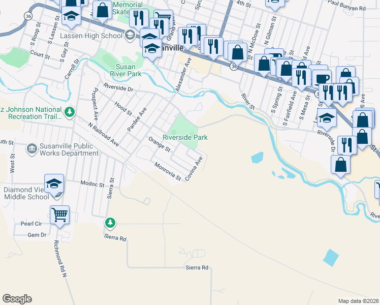map of restaurants, bars, coffee shops, grocery stores, and more near 1701-1723 Sunkist Drive in Susanville