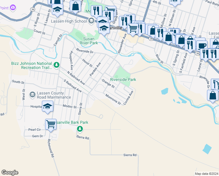 map of restaurants, bars, coffee shops, grocery stores, and more near 500 Limoneria Avenue in Susanville
