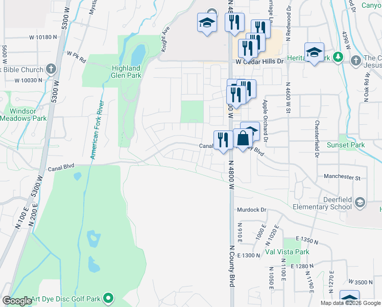 map of restaurants, bars, coffee shops, grocery stores, and more near 1819 N 4800 W in Highland