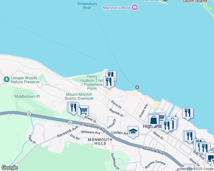 map of restaurants, bars, coffee shops, grocery stores, and more near 8 Halfmoon Court in Highlands
