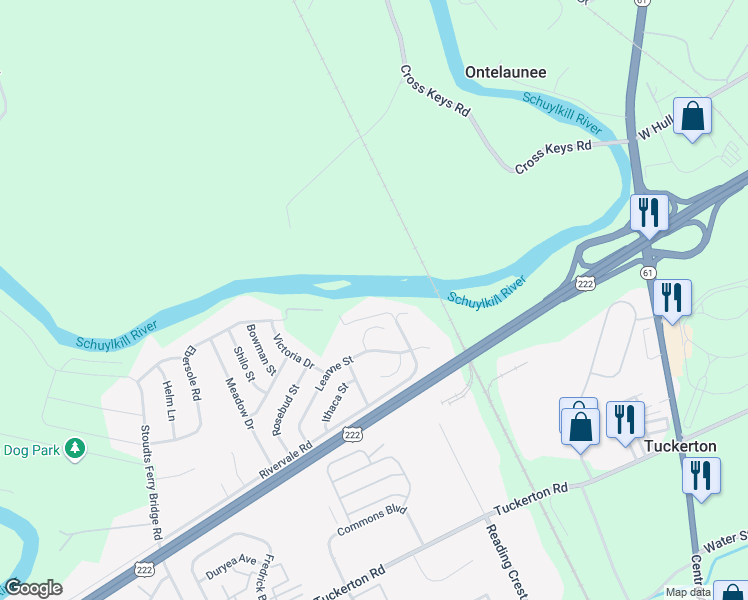 map of restaurants, bars, coffee shops, grocery stores, and more near 319 Rivervale Road in Reading