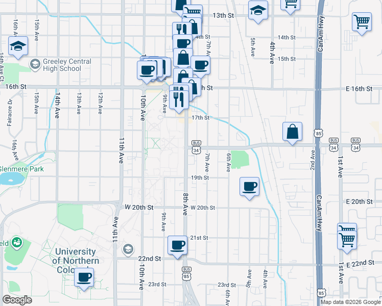 map of restaurants, bars, coffee shops, grocery stores, and more near 1744 U.S. 85 Business in Greeley