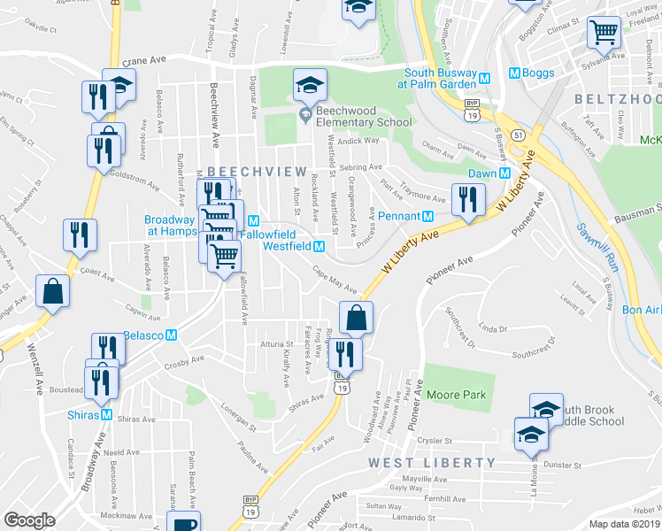 map of restaurants, bars, coffee shops, grocery stores, and more near 1619 Westfield Street in Pittsburgh
