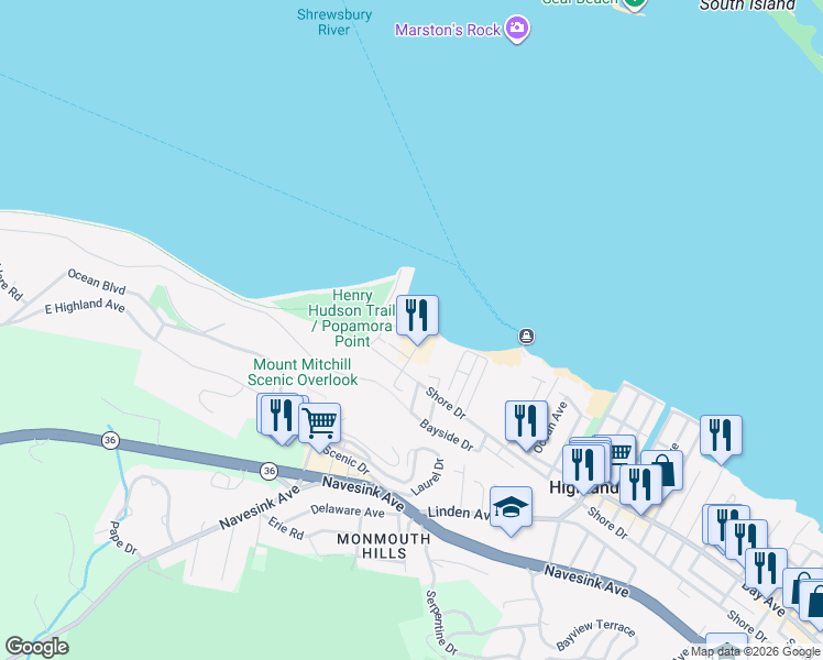 map of restaurants, bars, coffee shops, grocery stores, and more near 8 Halfmoon Court in Highlands