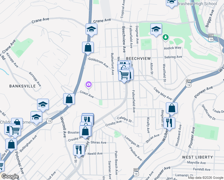 map of restaurants, bars, coffee shops, grocery stores, and more near 1611 Rutherford Avenue in Pittsburgh