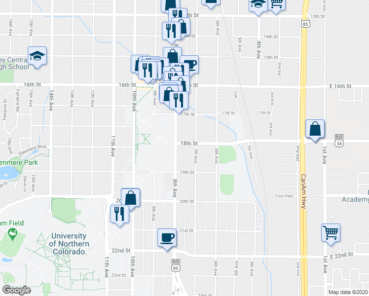 map of restaurants, bars, coffee shops, grocery stores, and more near 1743 7th Avenue in Greeley
