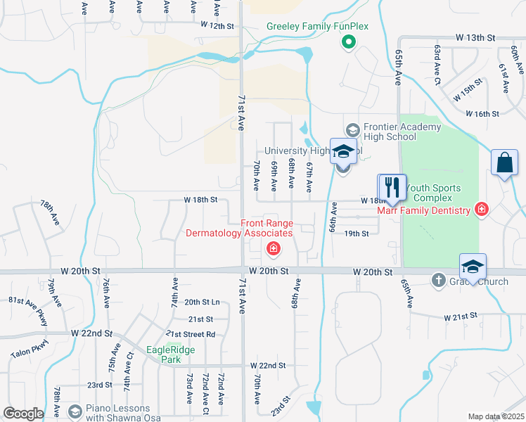 map of restaurants, bars, coffee shops, grocery stores, and more near 6908 West 18th Street in Greeley