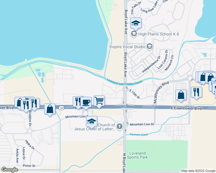 map of restaurants, bars, coffee shops, grocery stores, and more near 3601 West 15th Street in Loveland