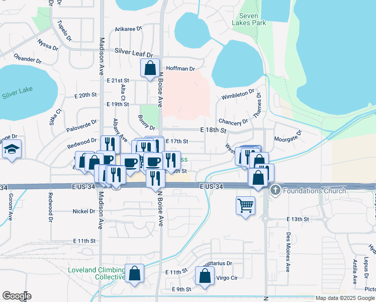 map of restaurants, bars, coffee shops, grocery stores, and more near 1804 East 17th Street in Loveland